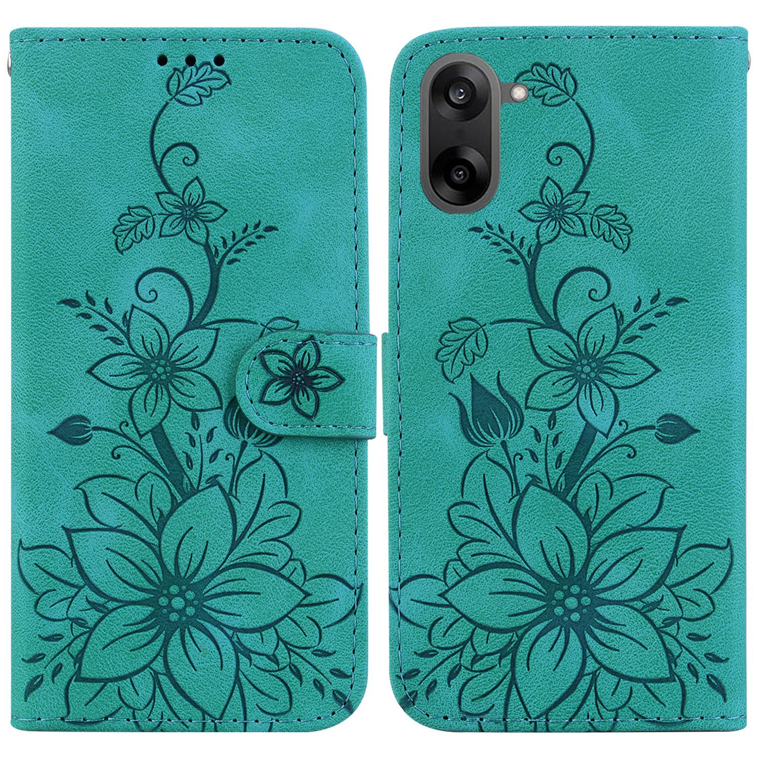 

For OnePlus Nord CE5 5G Stand Case Lily Flower Imprint Leather Phone Cover with Wrist Strap Green