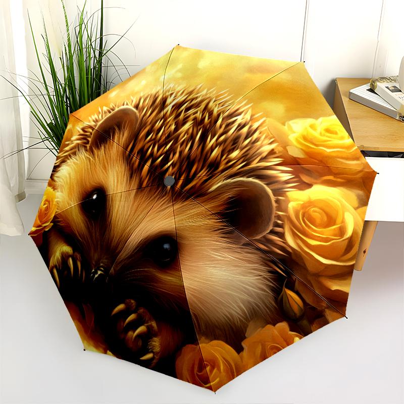 Rose and Hedgehog Pattern, Automatic Folding Umbrella, Portable and Foldable Design, 8 Ribs, a Christmas or Birthday Gift.