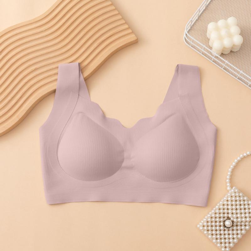 Bralette da donna senza cuciture e senza ferretto, con bordatura a conchiglia a costine, Comfort per l'uso quotidiano, Reggiseno da notte con spalline larghe