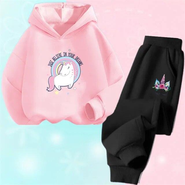 Spring Fall Girls Unicorn Sport Clothing Set Kids Outfits Hoody Sweatershirt Pants Children Fashion Thin Tracksuit