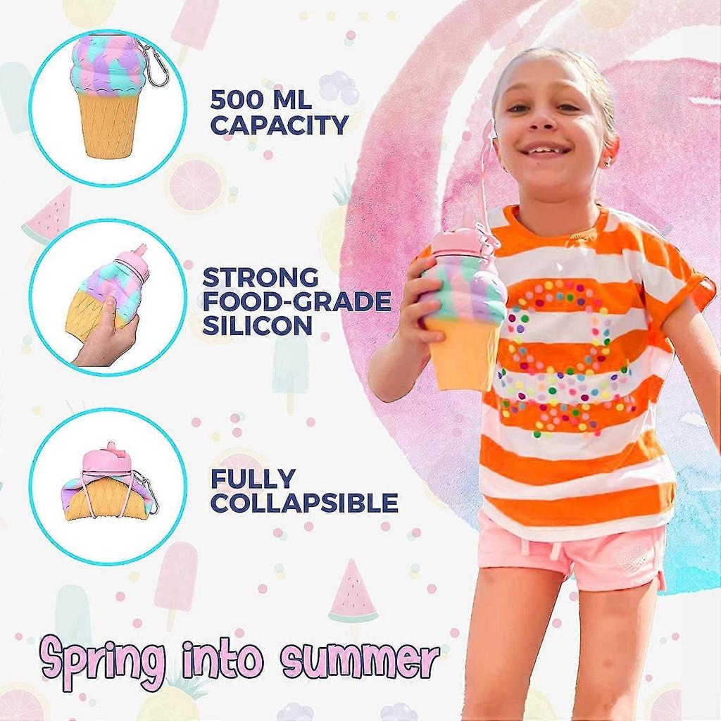 Kids Water Bottles Ice Cream- 500ml Children Water Bottle For School - Girls Water Bottle - Leaproof - Girls- Pink