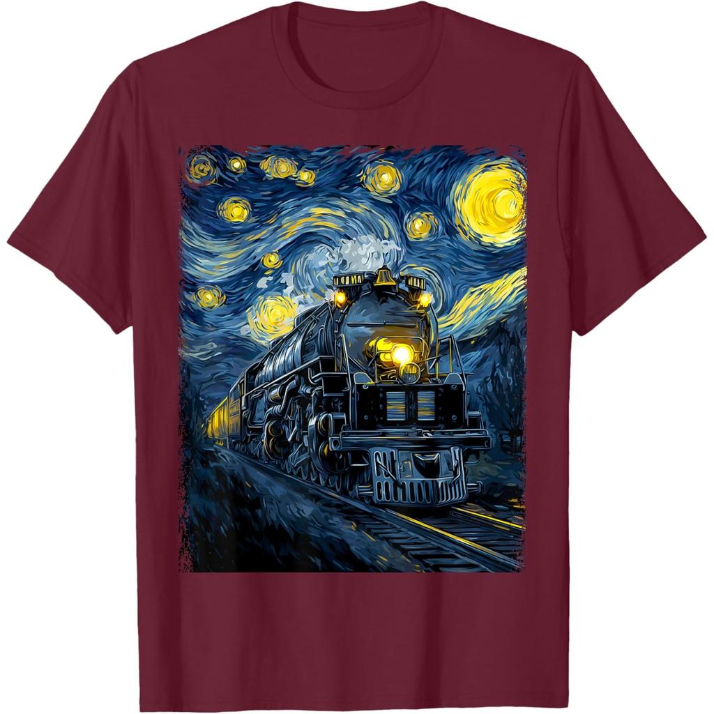 Steam Locomotive Graphic Tee Van Gogh Starry Night Print Cotton Casual Round Neck Tshirt