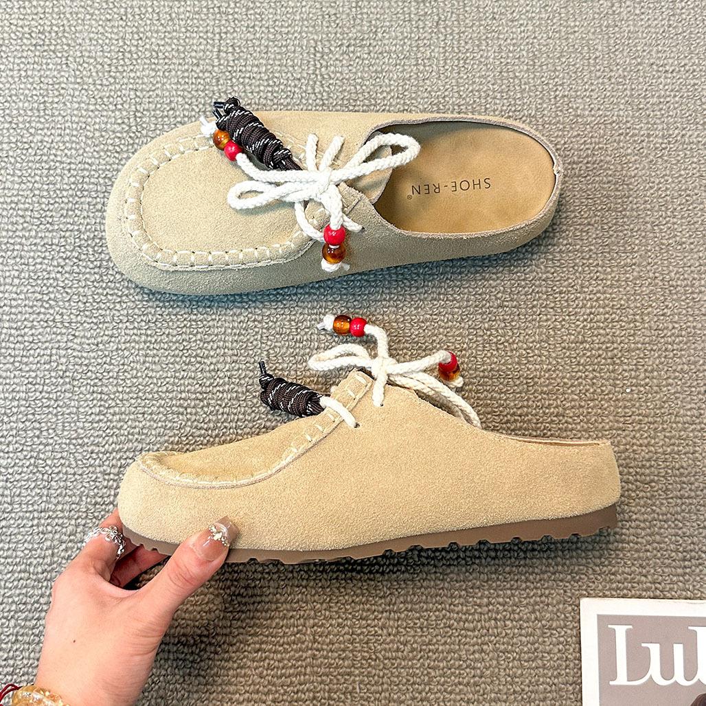 

2025 new retro Birkenstock shoes bag head half slippers women wear a pedal lazy muller shoes flat cool slippers 35 абрикосовый