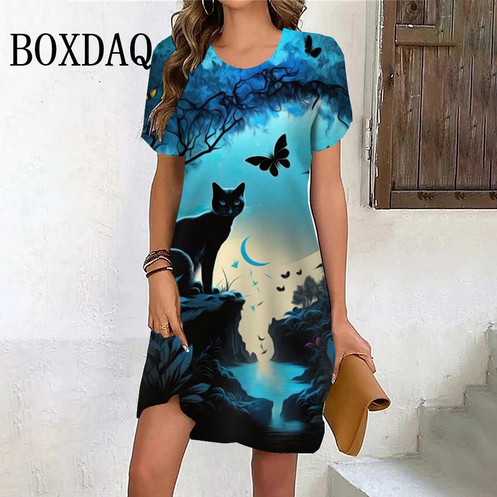 

3D Animal Print Mini Dress Women Kawaii Cat Graphic Short-sleeved Casual Loose A-line Dress Women s Clothing Fashion Summer Dress S