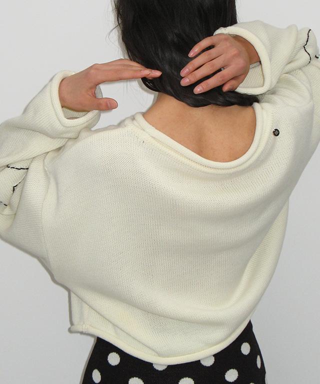 RONRON Heart Star Hand Stitch Overfit Crop Knit Ivory