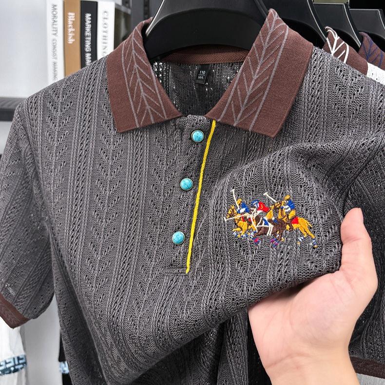 New Short-sleeved T-shirt Men's Autumn Knitted Sweater Embroidered Pattern Matching Jacquard Top