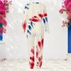 Women Plus Size Two Piece Set Round Neck Long Sleeve Printed Red Blue White Cuffed Top And Cuffed Pants With Pockets