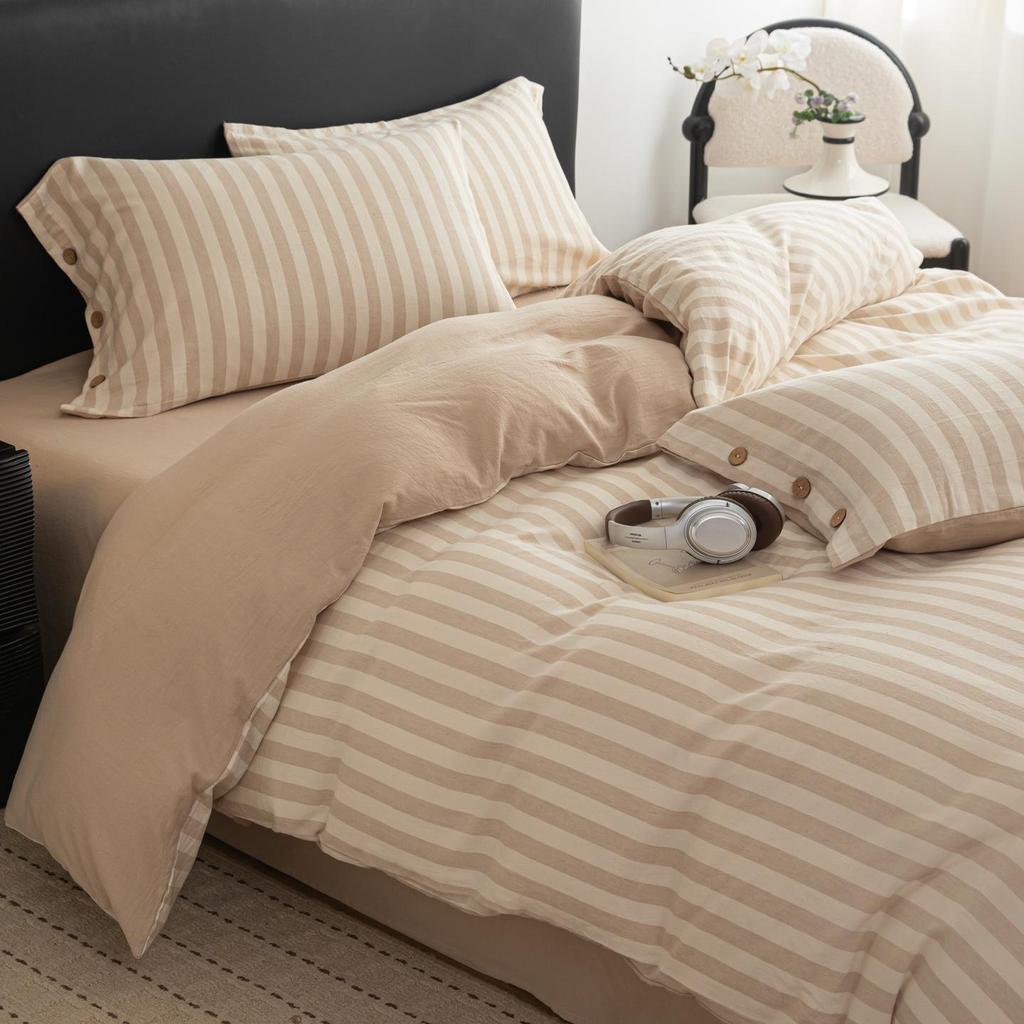 Spring/Summer Premium Cotton and Linen Four-piece Set with Buttoned Duvet Cover in Simple Stripes/Checks
