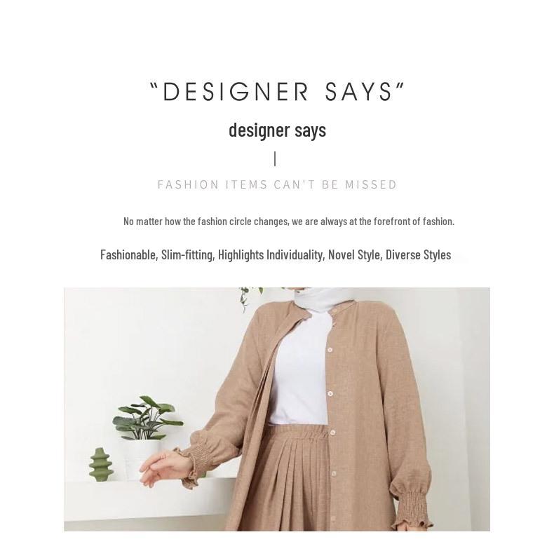 Elegant Women's Two-Piece Set: Long Sleeve Shirt & Wide-Leg Pants with Side Slit - Arabic Style