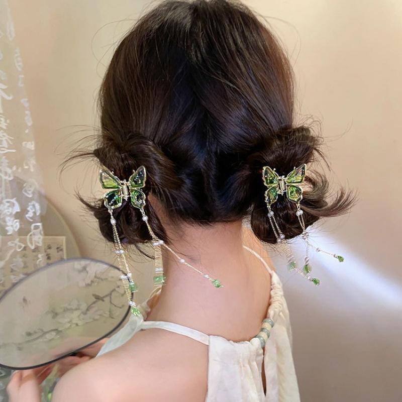 Elegant Chinese Gradient Hair Clip Compatible for Braids - Butterfly Tassel Hair Claw with Length, Braiding & Updos Accessory for, Asian Hairstyles