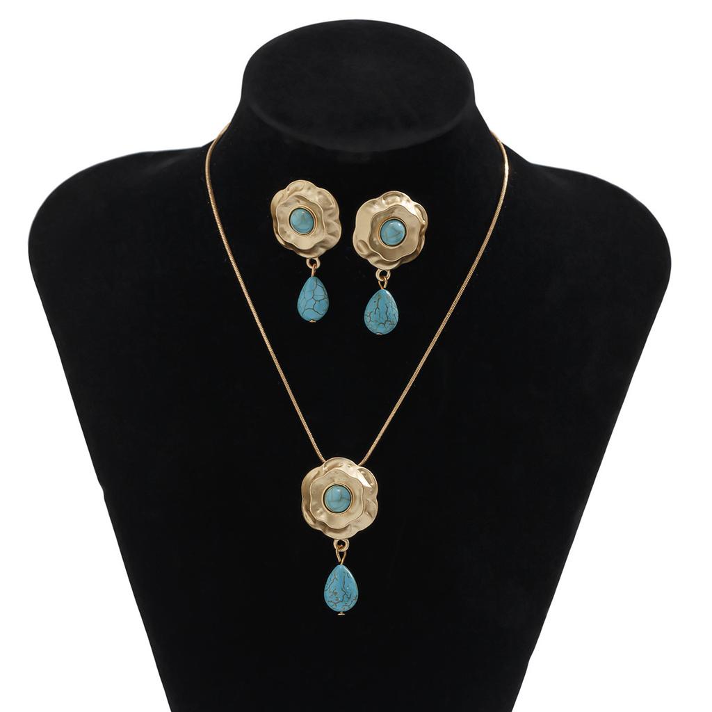 Accessories Denim Ethnic Turquoise Flower Pendant Necklace Vintage Metal Droplet Necklace