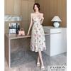 Romantic Coffee Break Dress Suspender Rose French Waist Floral Seaside Vacation Fairy Trendy