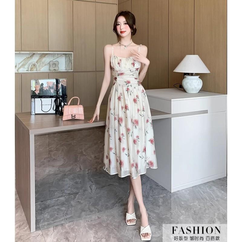 Romantic Coffee Break Dress Suspender Rose French Waist Floral Seaside Vacation Fairy Trendy