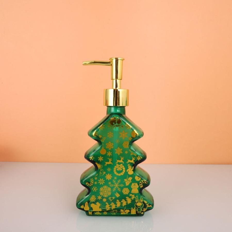 Christmas Design Glass Dispenser Bottle Refillable Pump for Shampoo Soap Lotion Holiday Bathroom Decor Gifts Vanity Organizer