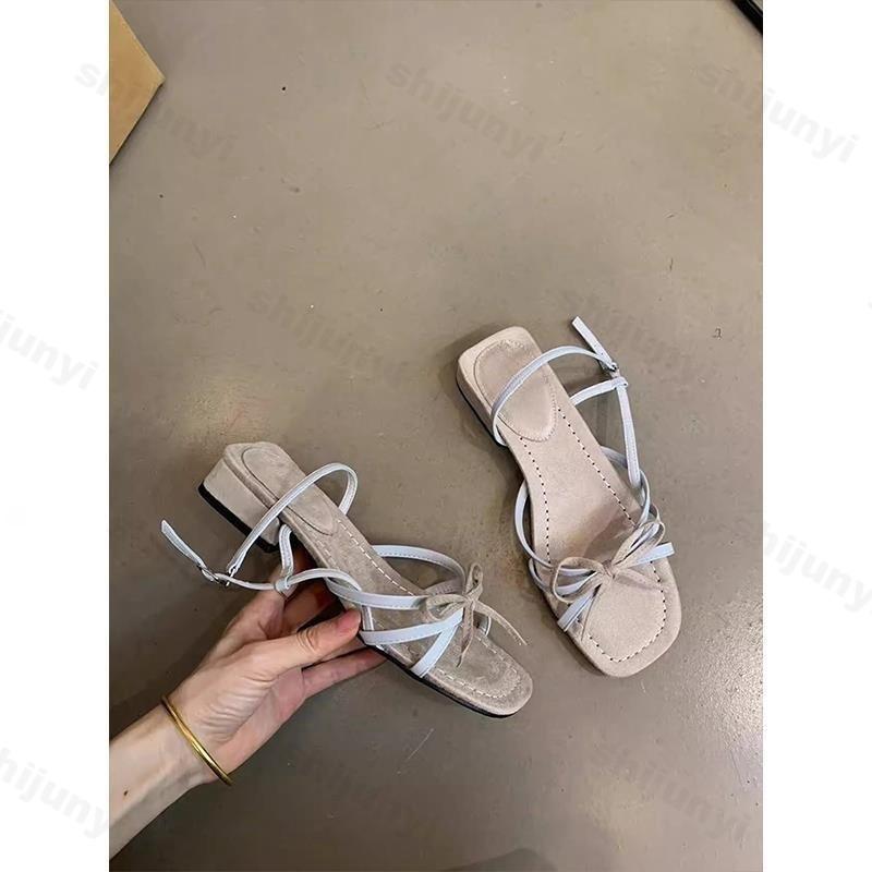 2025 New Women's Sandals Bow-knot Buckle Strap Women's Shoes Slingback Chunky Heels Square Toe Summer Shoes Low Heel