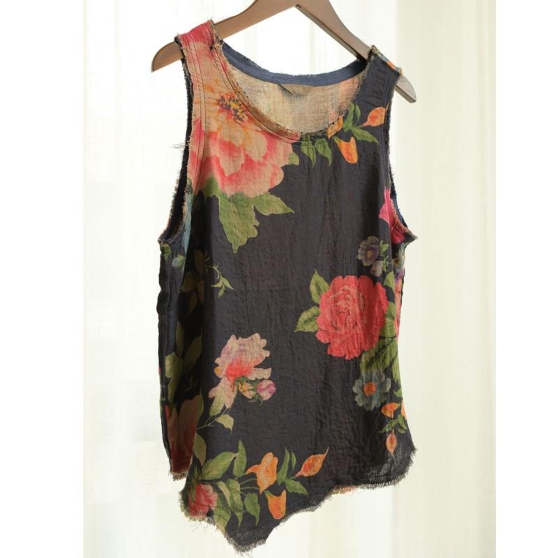 Johnature Frauen Vintage Unregelmäßige Druck Floral Tank Oansatz Ärmellose Doppel Baumwolle Weiche Kleidung Sommer Frauen Tank Top
