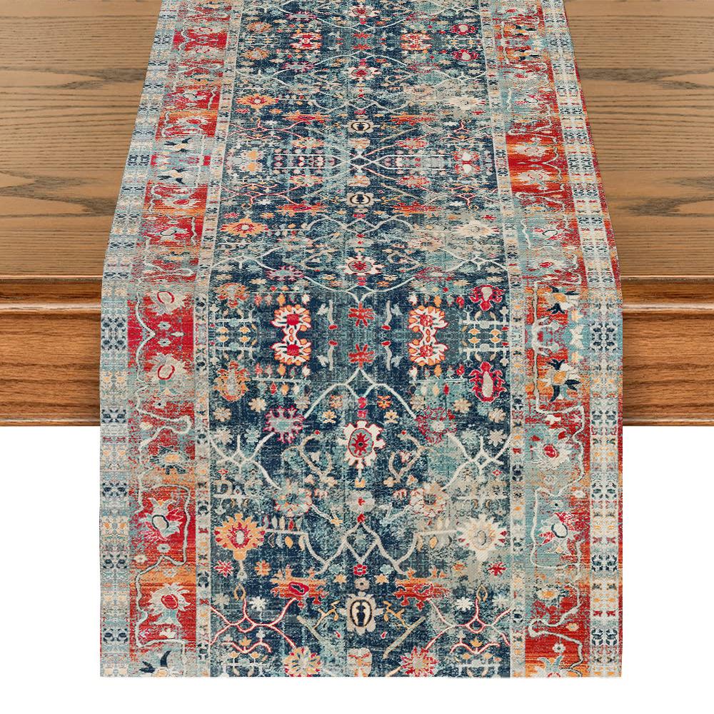 

Богемная оранжево-синяя деревенская скатерть - Украшение для столовой и кухни Extra Long (33x200 cm)