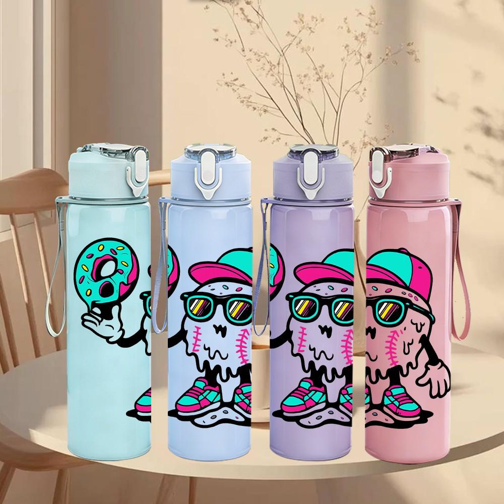 1PC Skateboard Puppy Cartoon Kid Pattern 750ml Color Plastic Sports Water Bottle Leakproof Flip Straw Lid Suitable for Sports Office Home Use