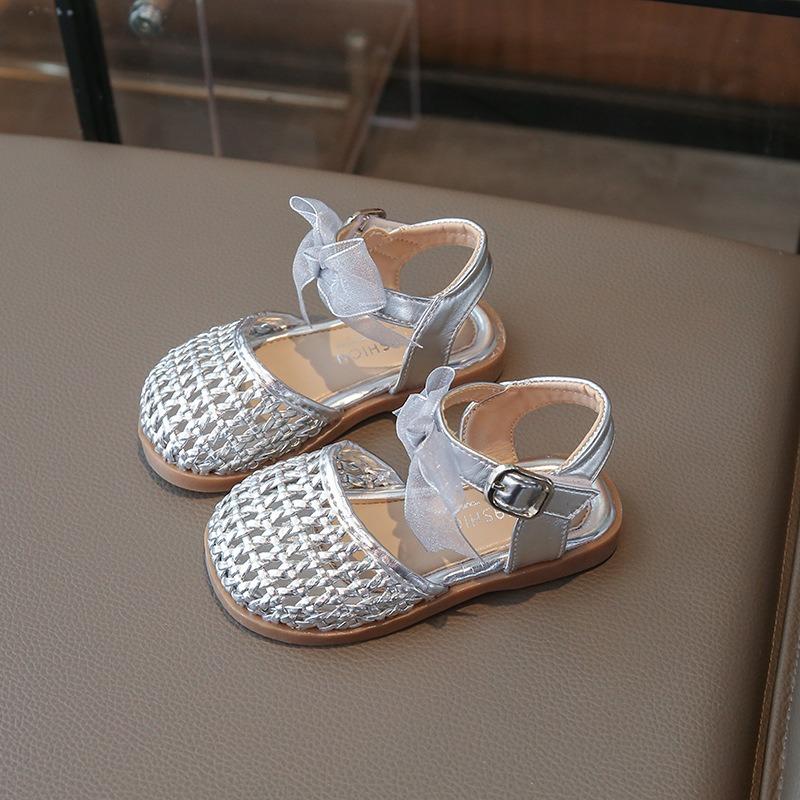 Girls  Closed-Toe Woven Sandals Popular Children s Soft-Sole Princess Shoes for Toddlers Elegant Bow Shoes for Girls 30 серебряный