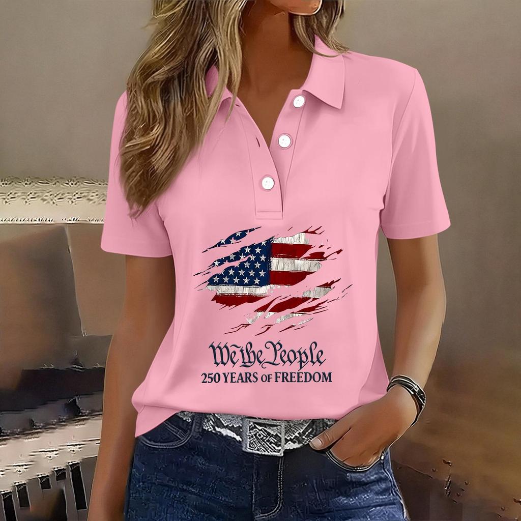 Damen Casual Knopfleiste Kurzarm Poloshirt Amerikanische Flagge Grafikdruck 250. Jahrestag Patriotisches Oberteil Leichtes Sommer-T-Shirt
