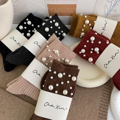 1 Pair of Women's Fashion Pearl Embellished Socks, Cute Princess Style Calf Korean Style Socks, Clothing Accessories