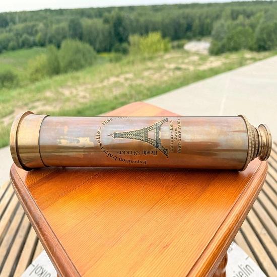Brass Spyglass Telescope with Eiffel Tower Engraving Extendable Nautical Scope with Leather Case Handmade by