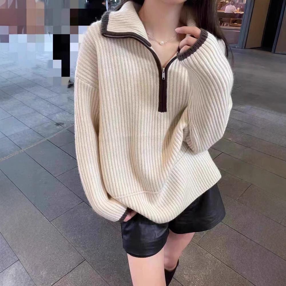 Women's Autumn/Winter Half-Zip High-Neck Wool Sweater - Loose Fit, European Style Cashmere Pullover.