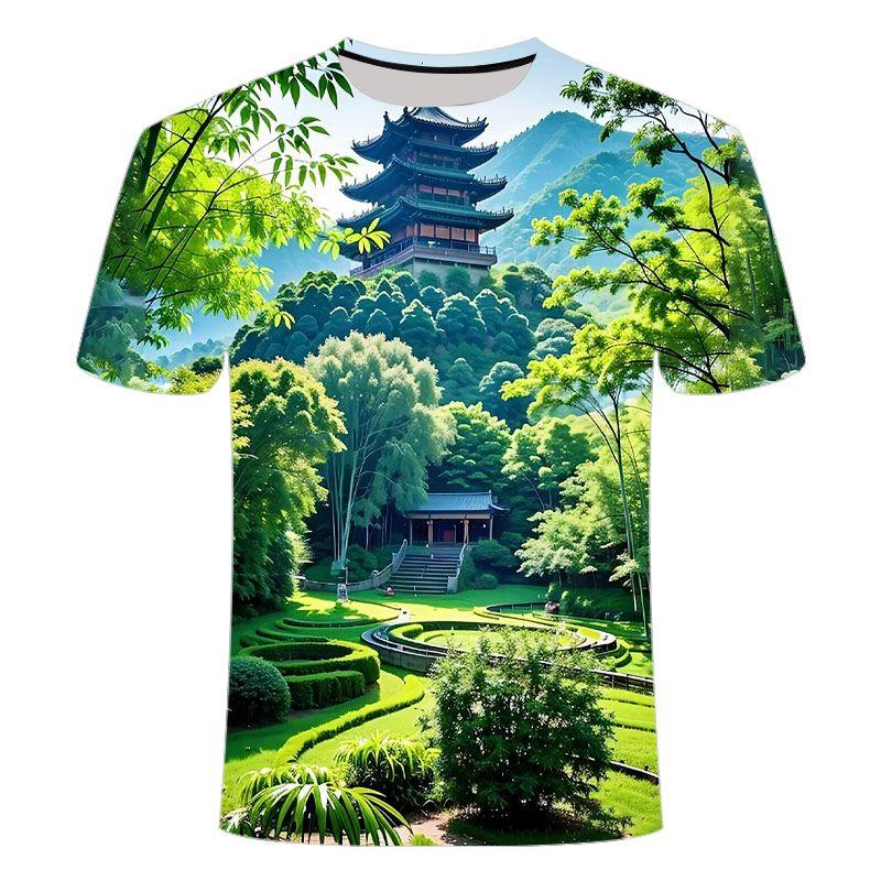 2024 summer new 3D printed short sleeved personalized creative trend bamboo forest series men's and women's round neck T-shirt