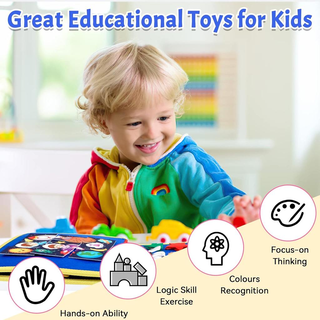 Activity Board, Busy Board Felt Montessori Toy, Baby Educational Sensory Learning Toy From 1-4 Years, Motor Skills Board for Learning Basic Skills