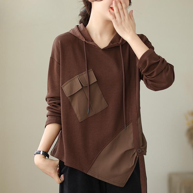 

Подовжений асиметричний трикотажний пуловер з капюшоном та кишеньою для осені XXL коричневий