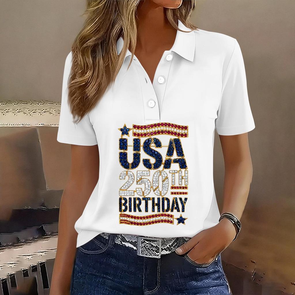 Women's Casual Short Sleeve Button Polo Shirt USA 250th Anniversary Print Relaxed Fit Lightweight Summer Top
