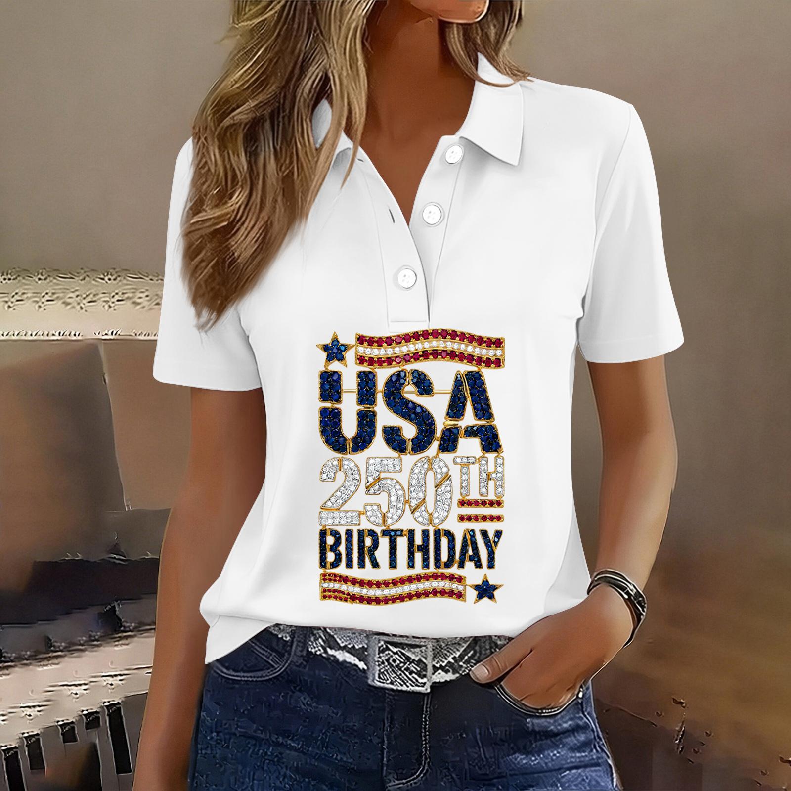 

Women s Casual Short Sleeve Button Polo Shirt USA 250th Anniversary Print Relaxed Fit Lightweight Summer Top XL білий