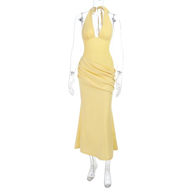 2026 Europe, America and 2026 summer new slim-fitting and thin personalized neck-hanging pleated dress XS