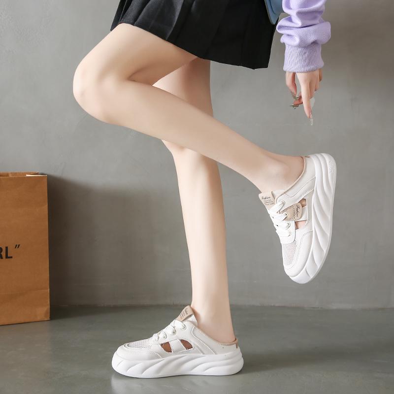 CRLAYDK Women's Mesh Sneakers Platform Slip On Hollow Out Mules Backless Low Top Walking Shoes for Summer White Casual Clipper