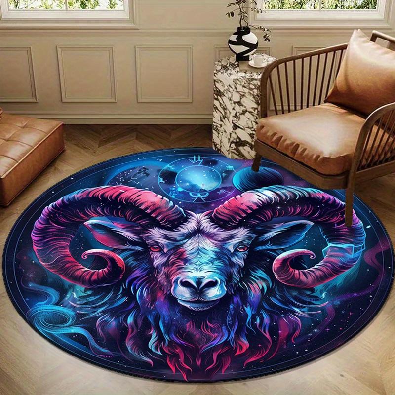 Crystal Velvet Round Area Rug - Mysterious Constellation Goat Print Non-Slip Carpet for Bedroom, Living Room, Home Decor, 100% Polyester, Be