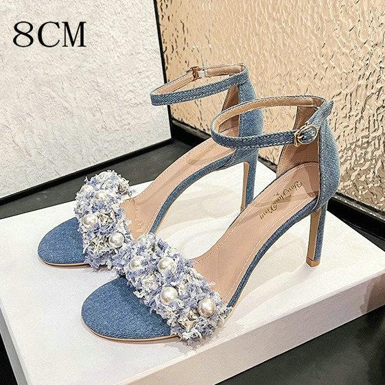 

Fashion 2025 New Summer Pearl Sandals Round Head Open Toe Fashion All-in-one Korean One-line Belt Denim High Heels 40