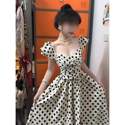 Retro Black and White Polka Dot Small Flying Sleeve Dress Seaside Vacation Gentle Wind Waist Temperament Long Dress Women's Summer