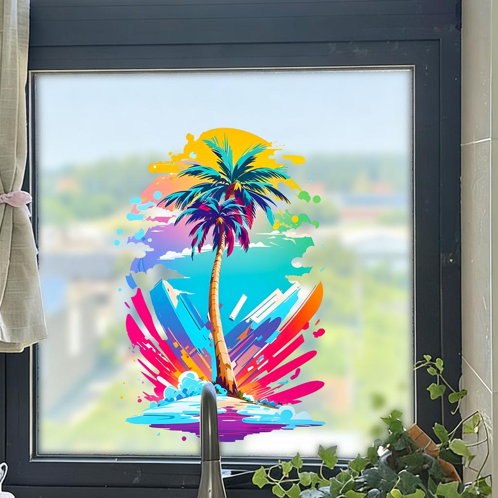 Static Cling Window Stickers Creative Doodle Coconut Tree for Kids Room Bedroom Kitchen Bathroom Glass Decor