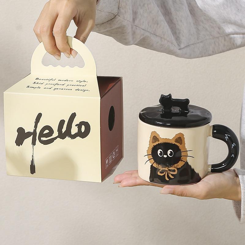 Cute Hat Cat Mug with Lid Cute Cartoon Animal Ceramic Cup Office Home Coffee Water Cup