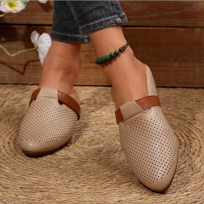 Fashion New Soft and Comfortable Leather Mid Heels Slides Women Slippers Hollow Out Summer Shoes Slip On Close Round Toe Flats Slippers