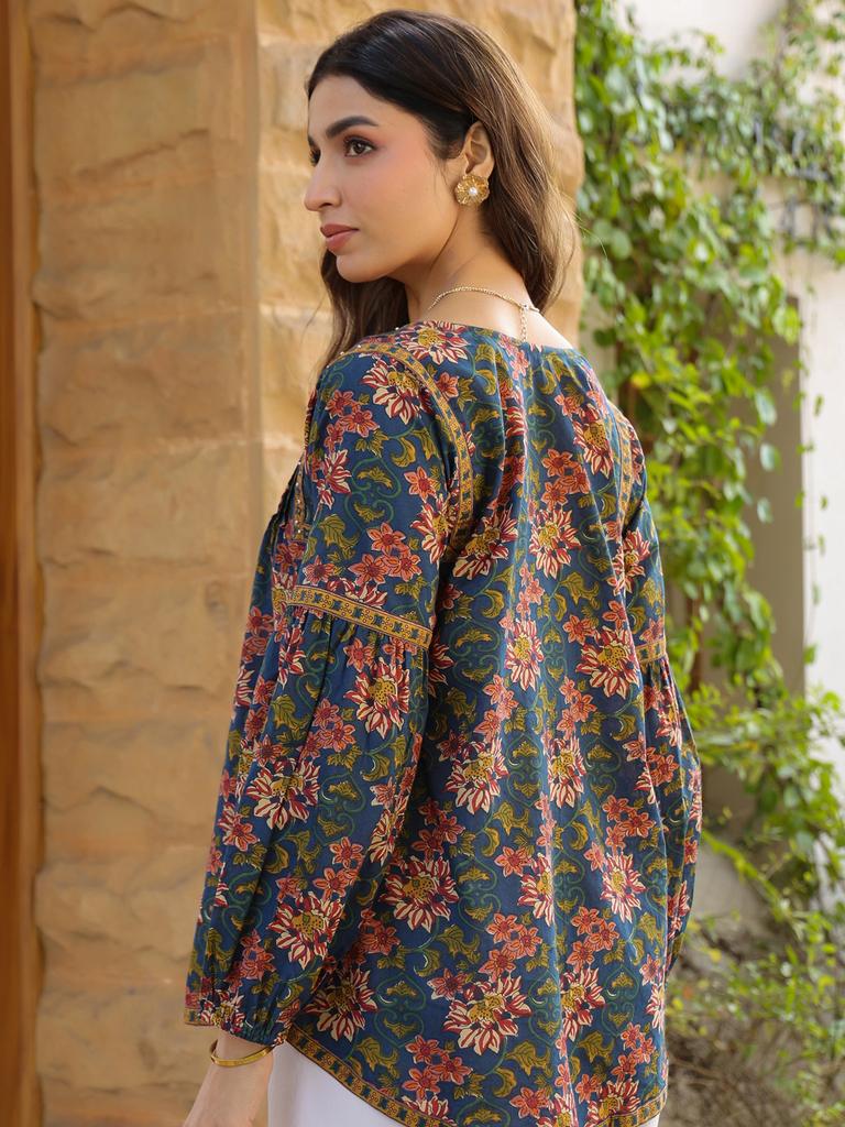 Blue Floral Printed V-Neck Pintuck Cotton Top