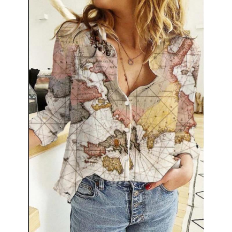 Women'S Map Print Shirt V-Neck Loose Short-Sleeved T-Shirt