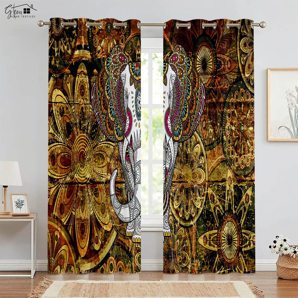 Elephant Pattern 3D Printed Curtains Nordic Style Live Background Homestay Bedroom Living Room Fortune Decoration Curtains 2PCS
