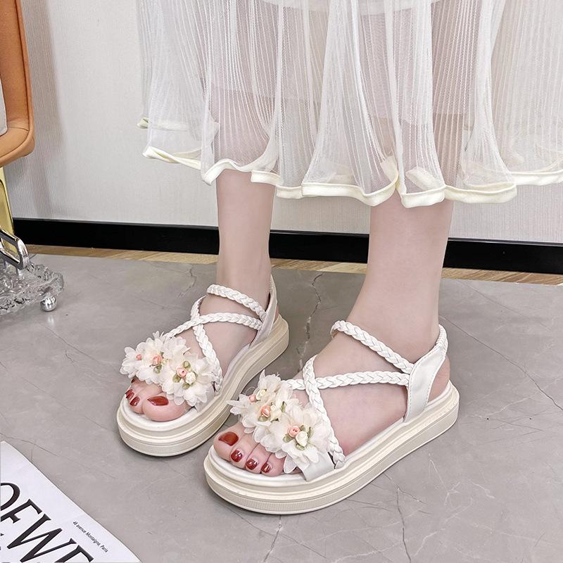 

Ethnic style sandals women s summer wear new muffin thick-soled flat-soled fairy style student shoes with skirts 40 бежевый