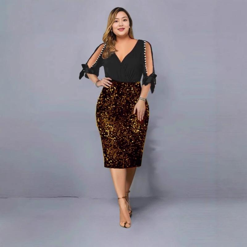 Women Sequined Beaded V Neck Bodycon Midi Dress European American Street Style