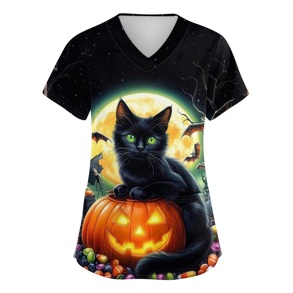 Women's V-neck Halloween Printed Short-sleeved Pocket Side-slit Protective Suit Top
