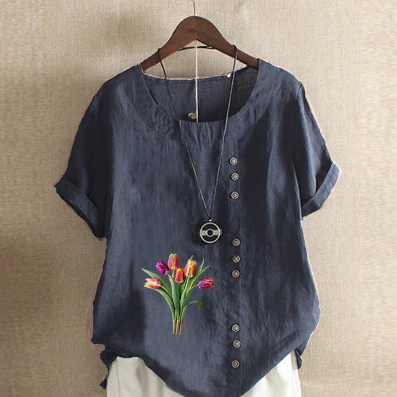 Women's Fashion Tulips Prined Short Sleeve T-shirt Loose Cotton Shirt Casual Loose Summer Blouse Tops Plus Size