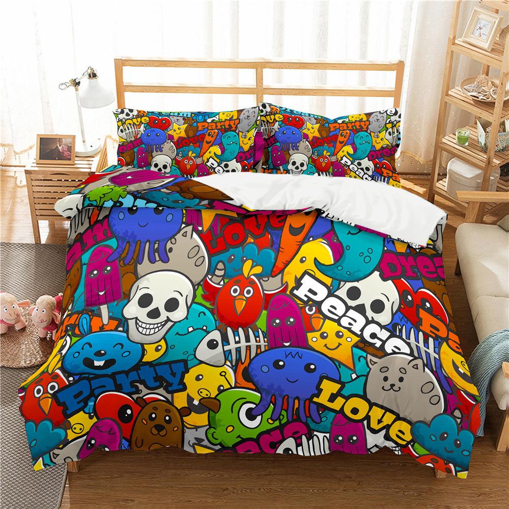 Three-Piece 3D Digital Cartoon Graffiti Pattern Printing Quilt Cover Bedding