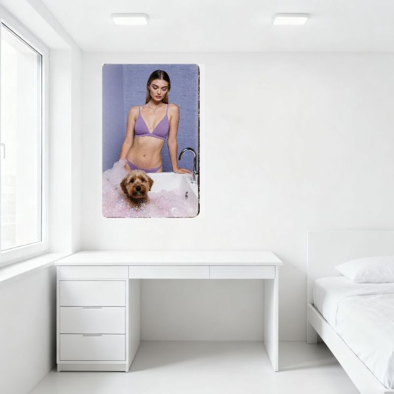 Sexy Woman Long Light Brown Hair Bathtub Pink Bubbles Purple Bralette Bikini Dog Green Toy Metal Tin Sign Vintage Wall Decor for