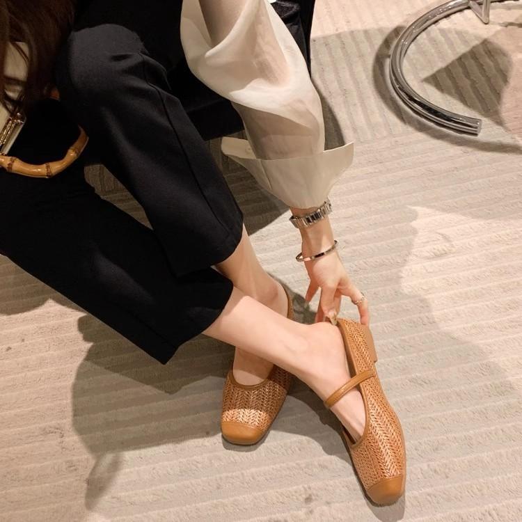 Lammfellversion von Traubenmutter mit der gleichen Höhe um 5cm erhöht~ Urlaubsstil strohgewebte Sandalen mit eckiger Spitze, lässige Halbschuhe für Damen, Sommerkleidung